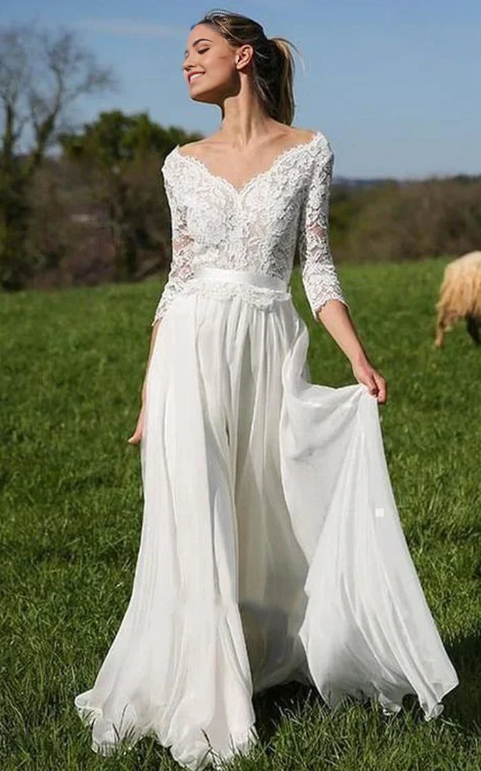Vestido de novia de gasa con escote en V, encaje y manga 3/4 hasta el suelo
